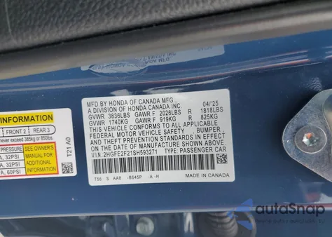 2025 Honda Civic Lx из США, поврежденный, VIN 2HGFE2F21SH593271